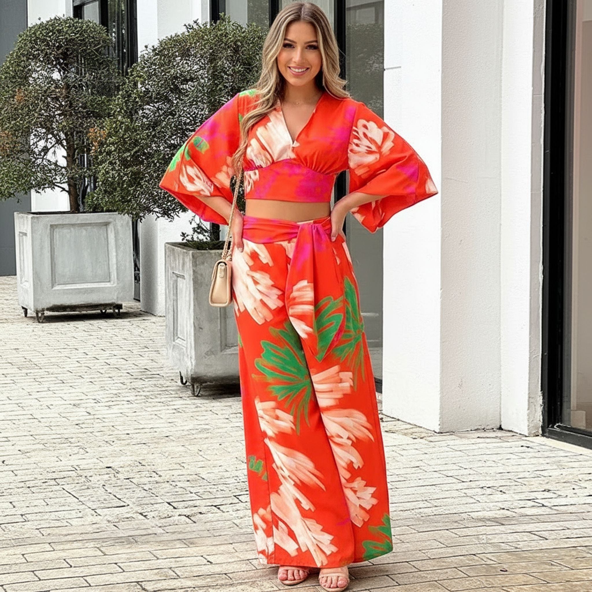 V-Neck, Lantern Sleeve Cropped Top, High-Waisted Wide-Leg Pants, Two-Piece Set