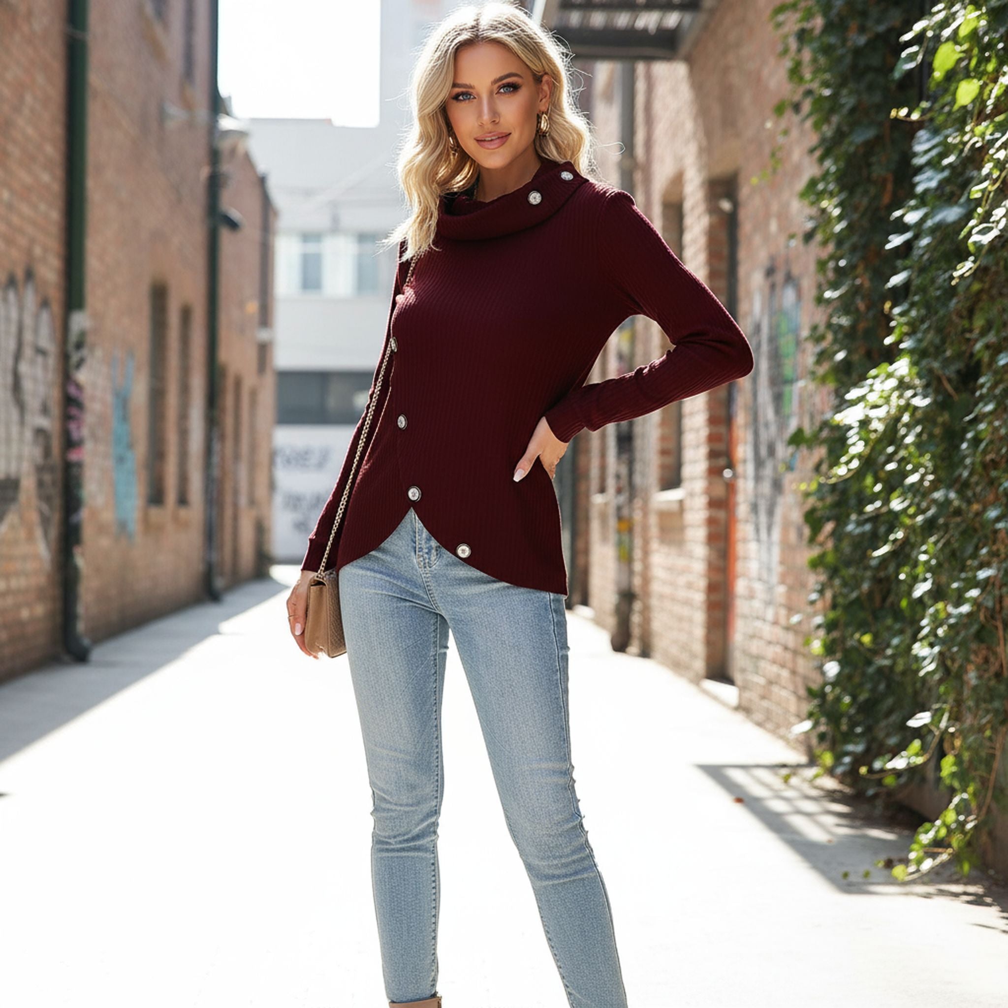 Bottom Pile Collar Top Long-Sleeved Irregular Knitted Pullover
