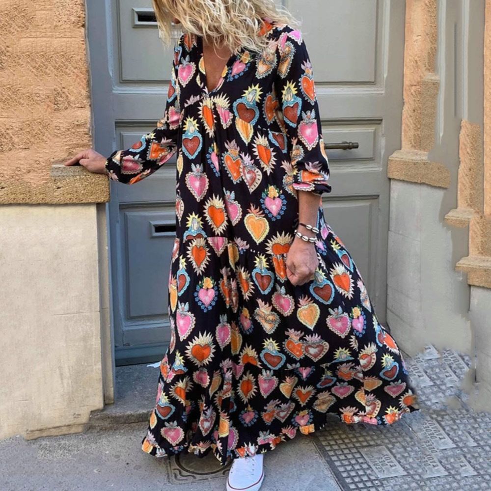 Plus-Size Loose Fashion Print Temperament Commuter Plus-Size Women'S Autumn And Winter Dress