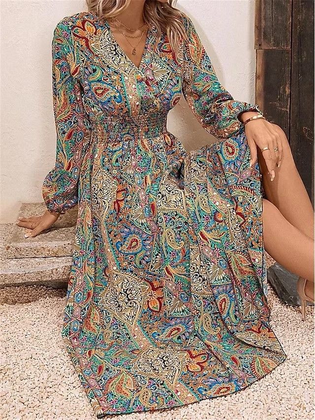 Winter New Temperament V-Neck Print Long-Sleeved Dress
