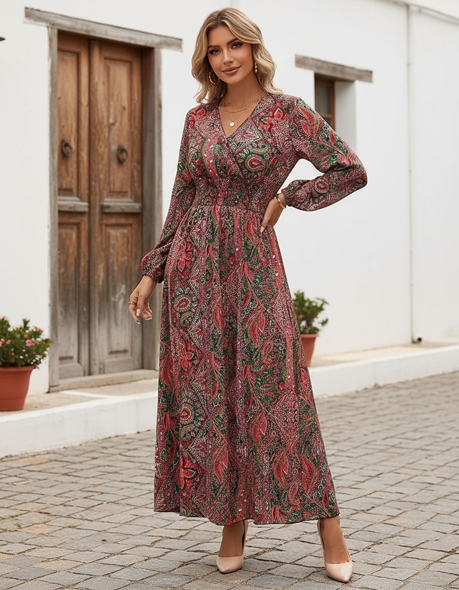 Winter New Temperament V-Neck Print Long-Sleeved Dress