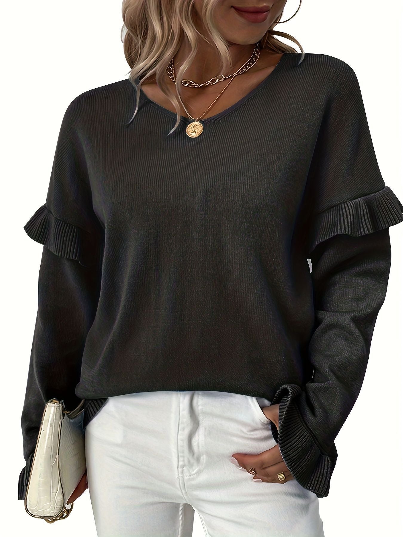 V-Neck Petal Sleeves Amazon Sweater Women'S
