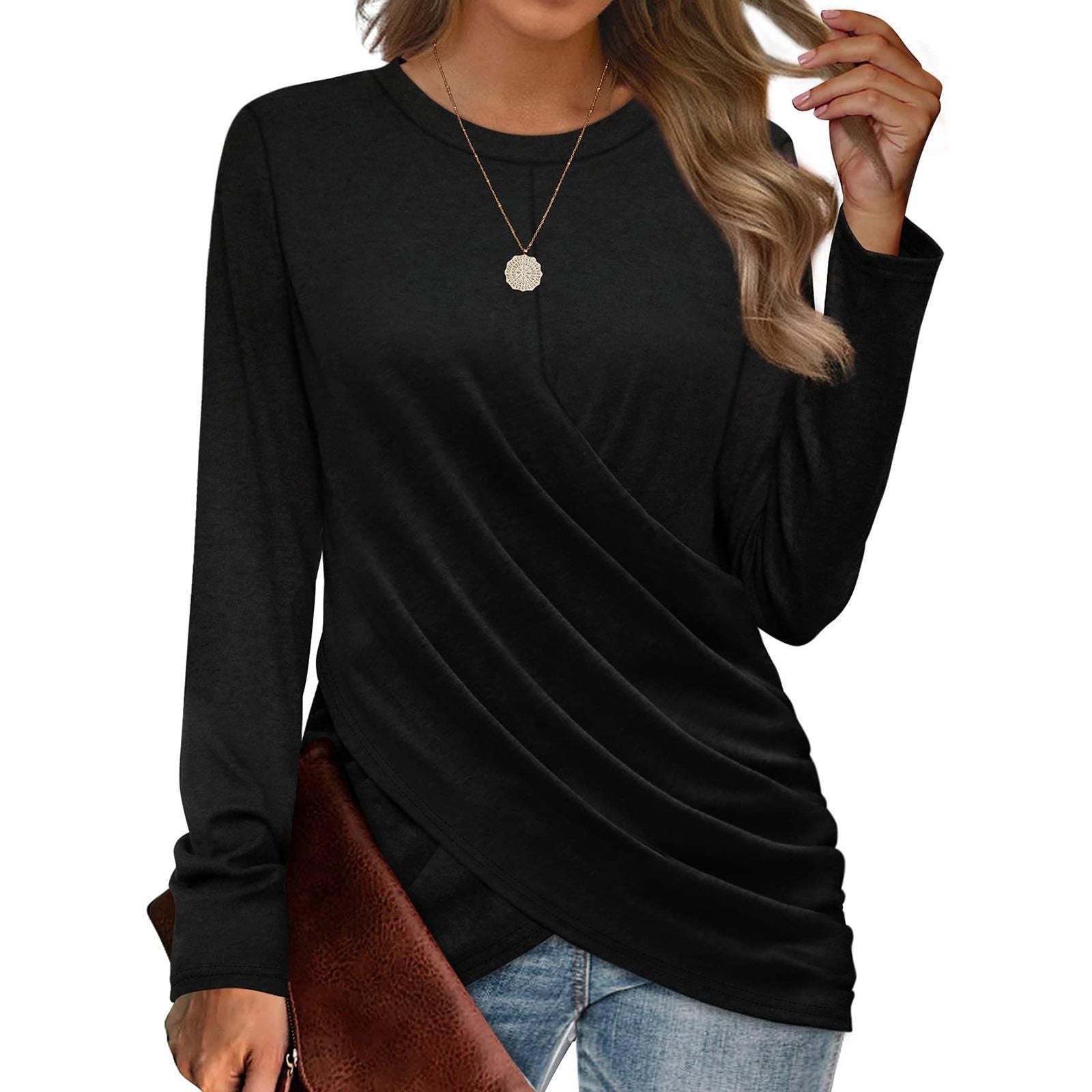 T-Shirt Casual Crew Neck Cross Pleats Loose Long Sleeves
