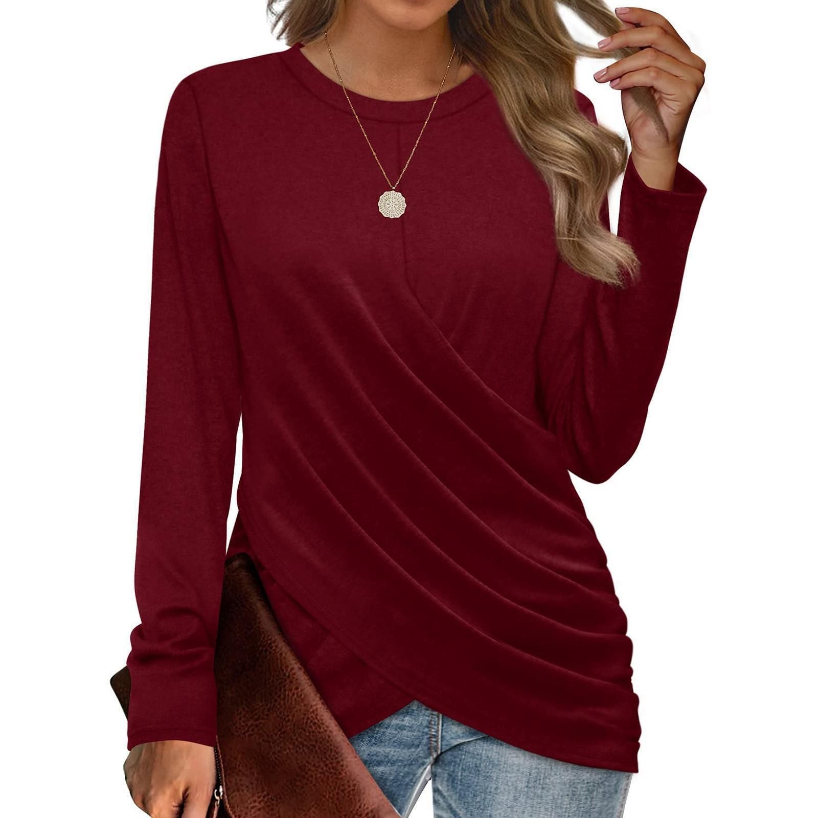 T-Shirt Casual Crew Neck Cross Pleats Loose Long Sleeves