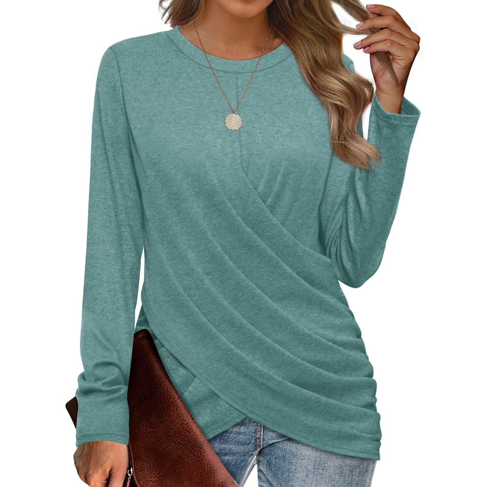 T-Shirt Casual Crew Neck Cross Pleats Loose Long Sleeves