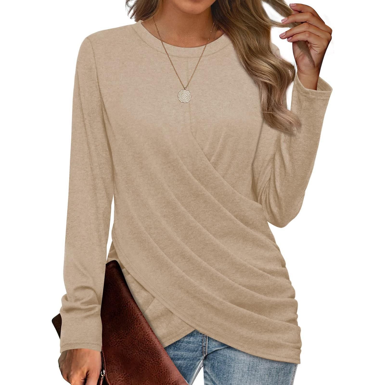 T-Shirt Casual Crew Neck Cross Pleats Loose Long Sleeves