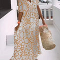 New Printed Short Sleeve Deep V-Neck Long Dress For Women