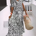 New Printed Short Sleeve Deep V-Neck Long Dress For Women