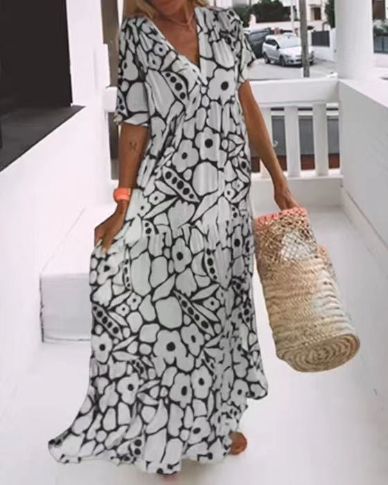New Printed Short Sleeve Deep V-Neck Long Dress For Women