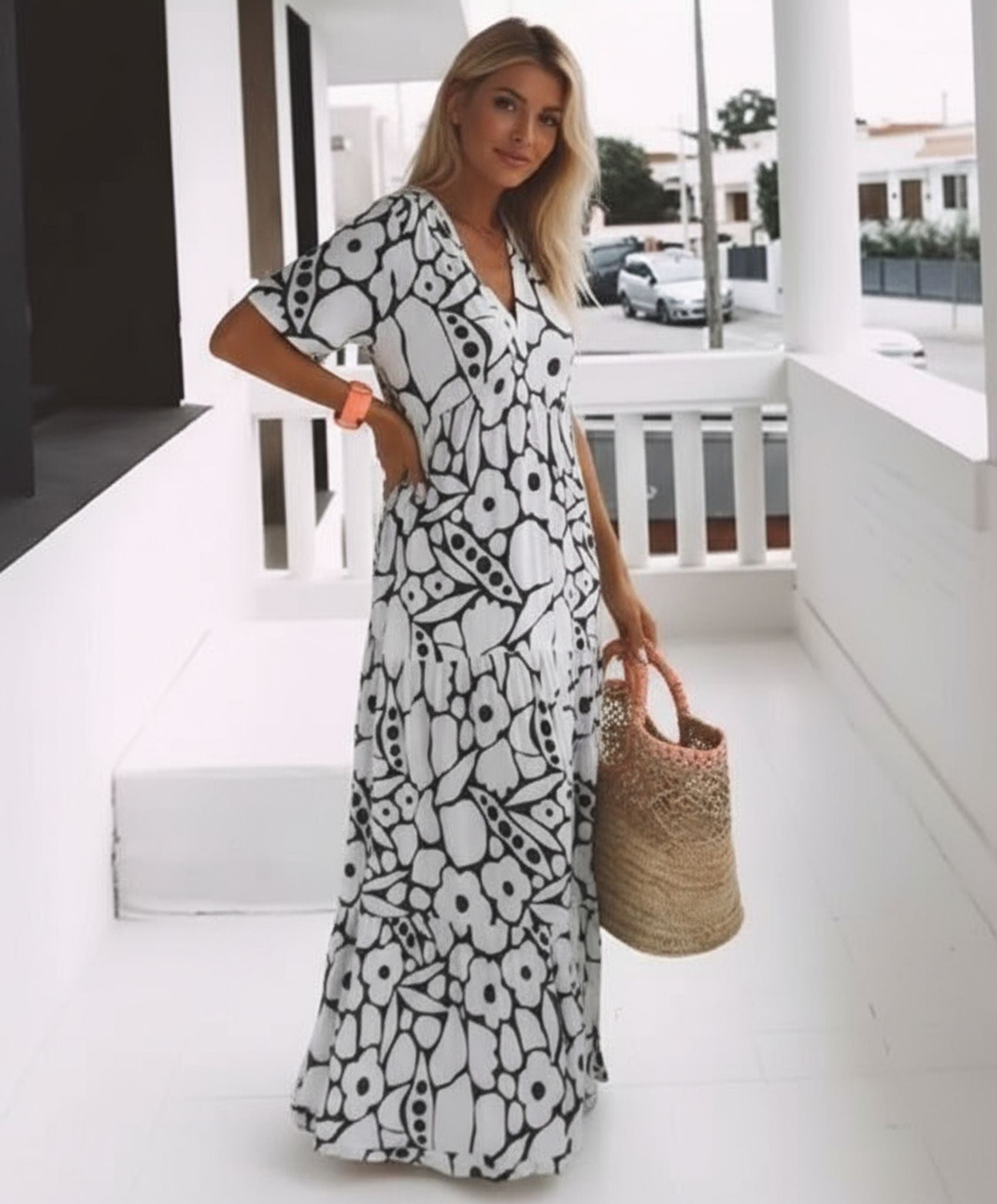 New Printed Short Sleeve Deep V-Neck Long Dress For Women