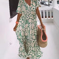 New Printed Short Sleeve Deep V-Neck Long Dress For Women