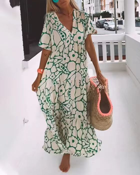 New Printed Short Sleeve Deep V-Neck Long Dress For Women