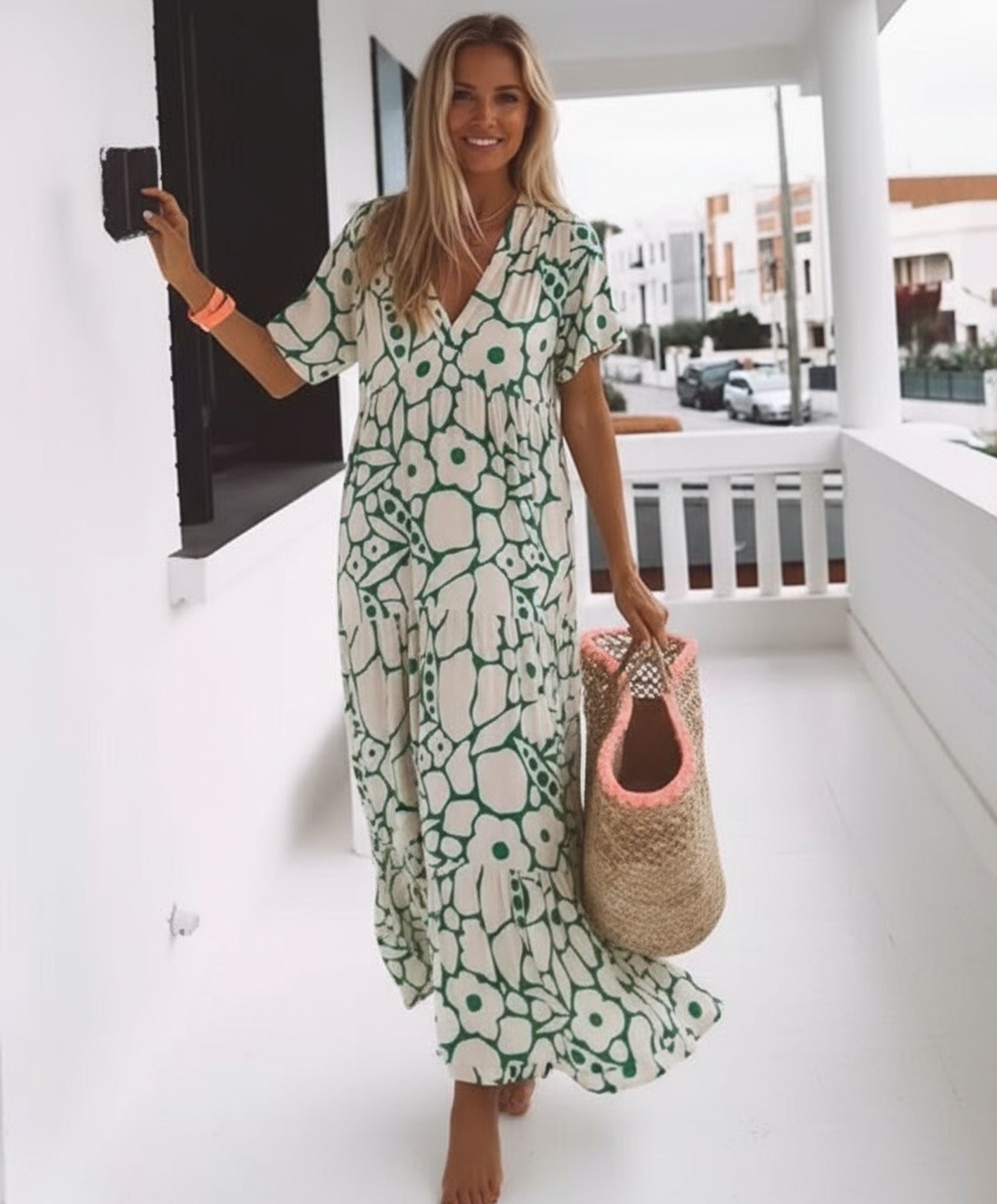 New Printed Short Sleeve Deep V-Neck Long Dress For Women