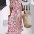 New Printed Short Sleeve Deep V-Neck Long Dress For Women