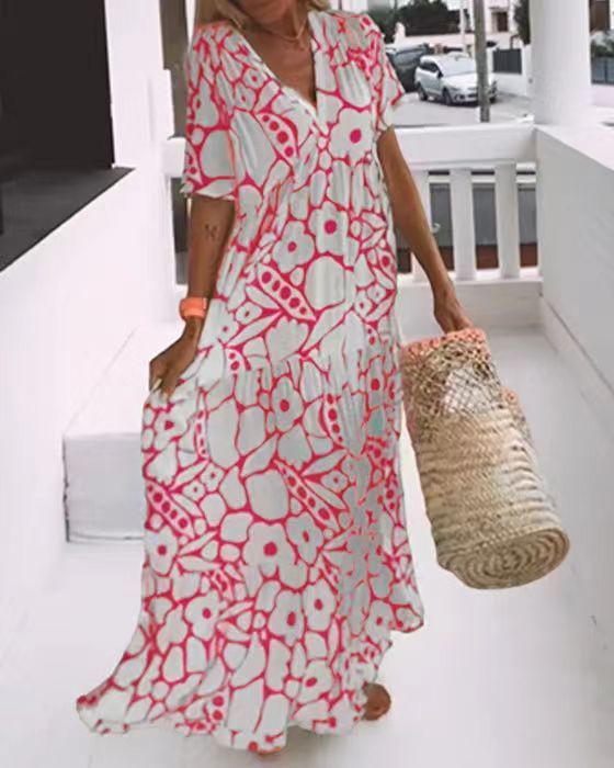 New Printed Short Sleeve Deep V-Neck Long Dress For Women