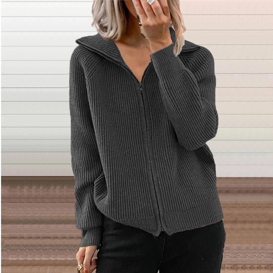 Winter New Striped Casual Jacket, Loose Knitted Sweater, Zipper Cardigan, Long Sleeves, Lapel Sweater, Women