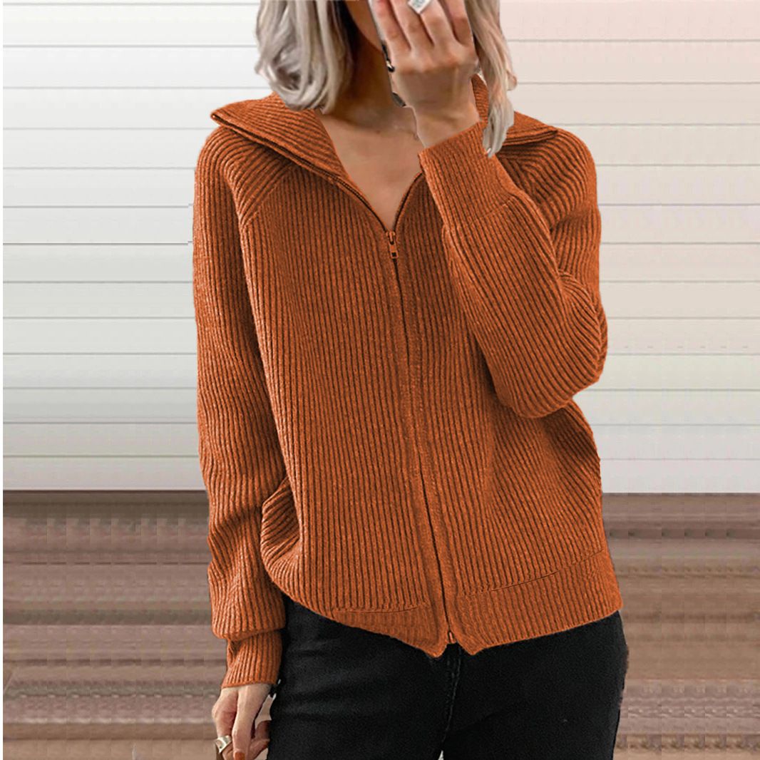 Winter New Striped Casual Jacket, Loose Knitted Sweater, Zipper Cardigan, Long Sleeves, Lapel Sweater, Women