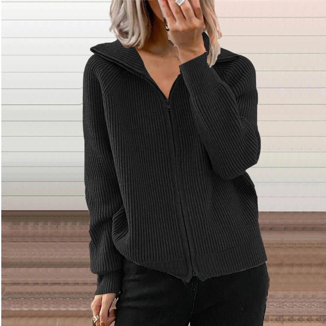 Winter New Striped Casual Jacket, Loose Knitted Sweater, Zipper Cardigan, Long Sleeves, Lapel Sweater, Women
