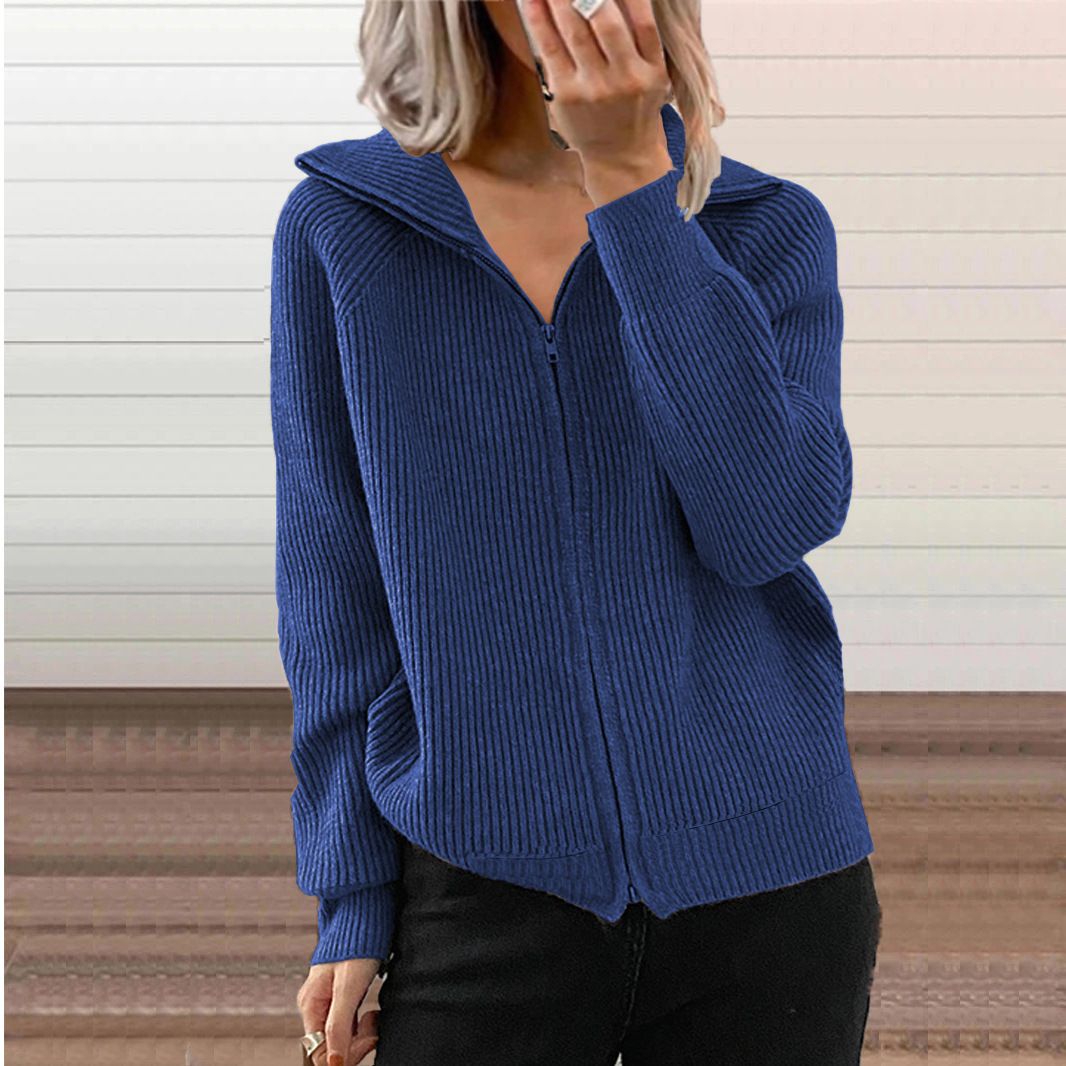 Winter New Striped Casual Jacket, Loose Knitted Sweater, Zipper Cardigan, Long Sleeves, Lapel Sweater, Women
