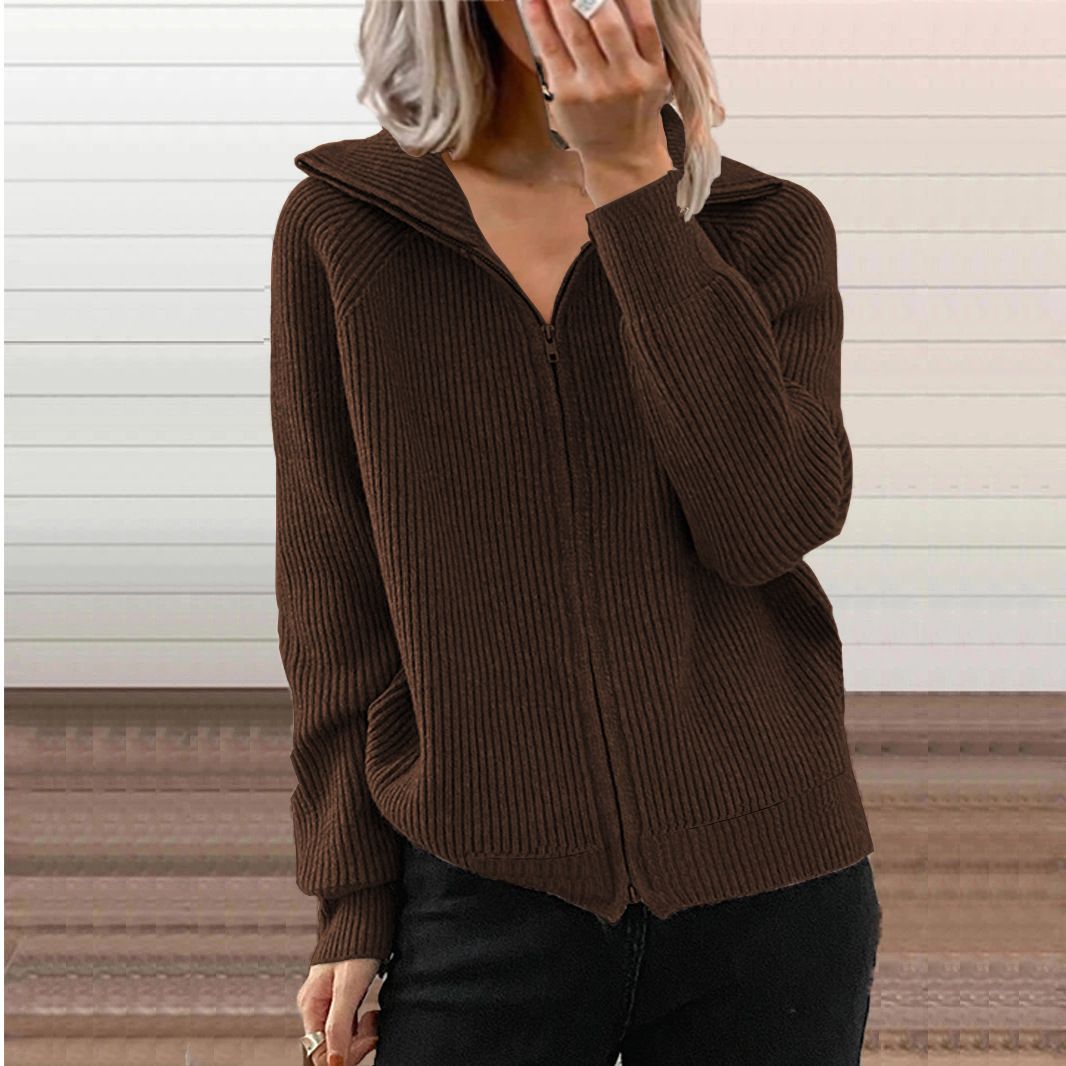 Winter New Striped Casual Jacket, Loose Knitted Sweater, Zipper Cardigan, Long Sleeves, Lapel Sweater, Women