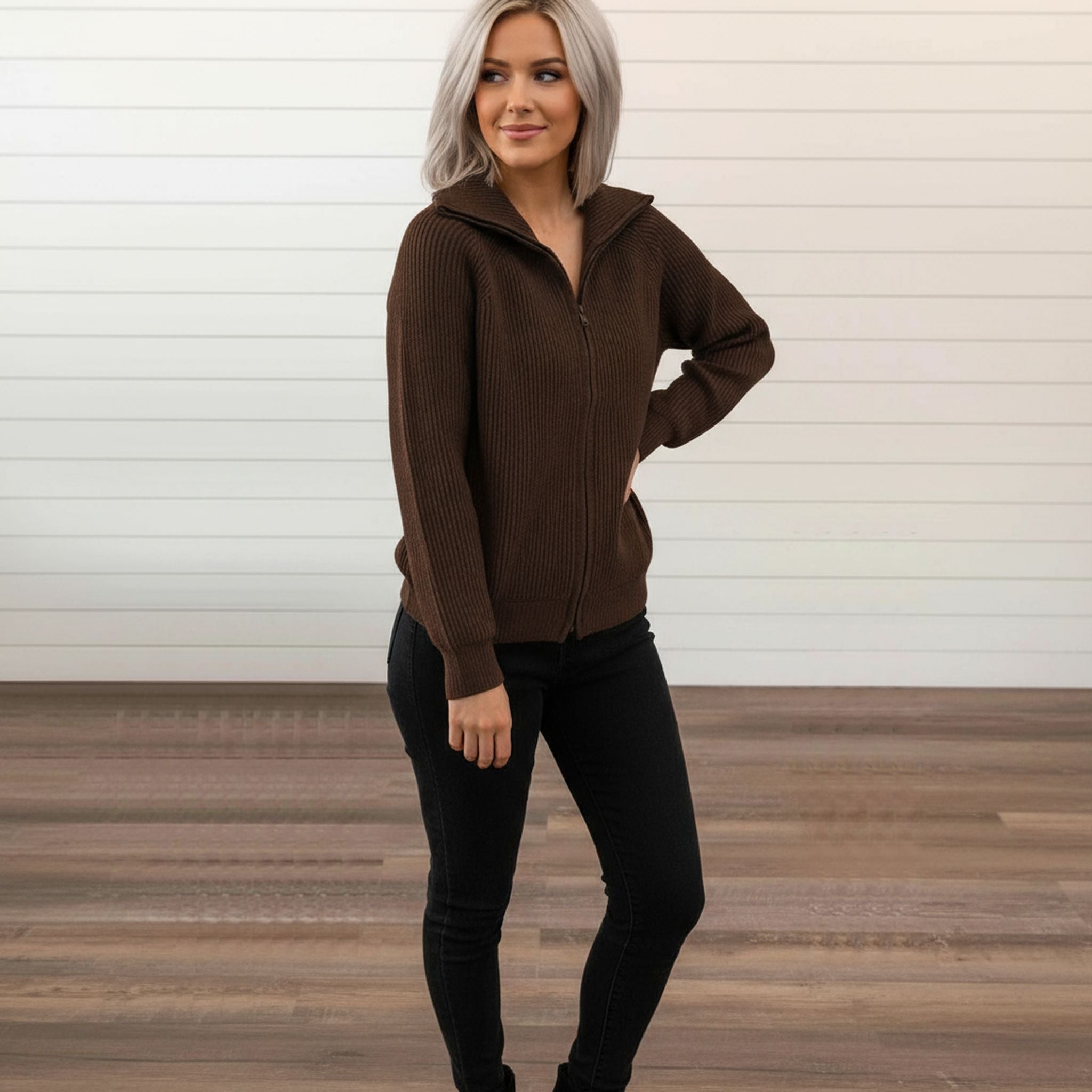 Winter New Striped Casual Jacket, Loose Knitted Sweater, Zipper Cardigan, Long Sleeves, Lapel Sweater, Women