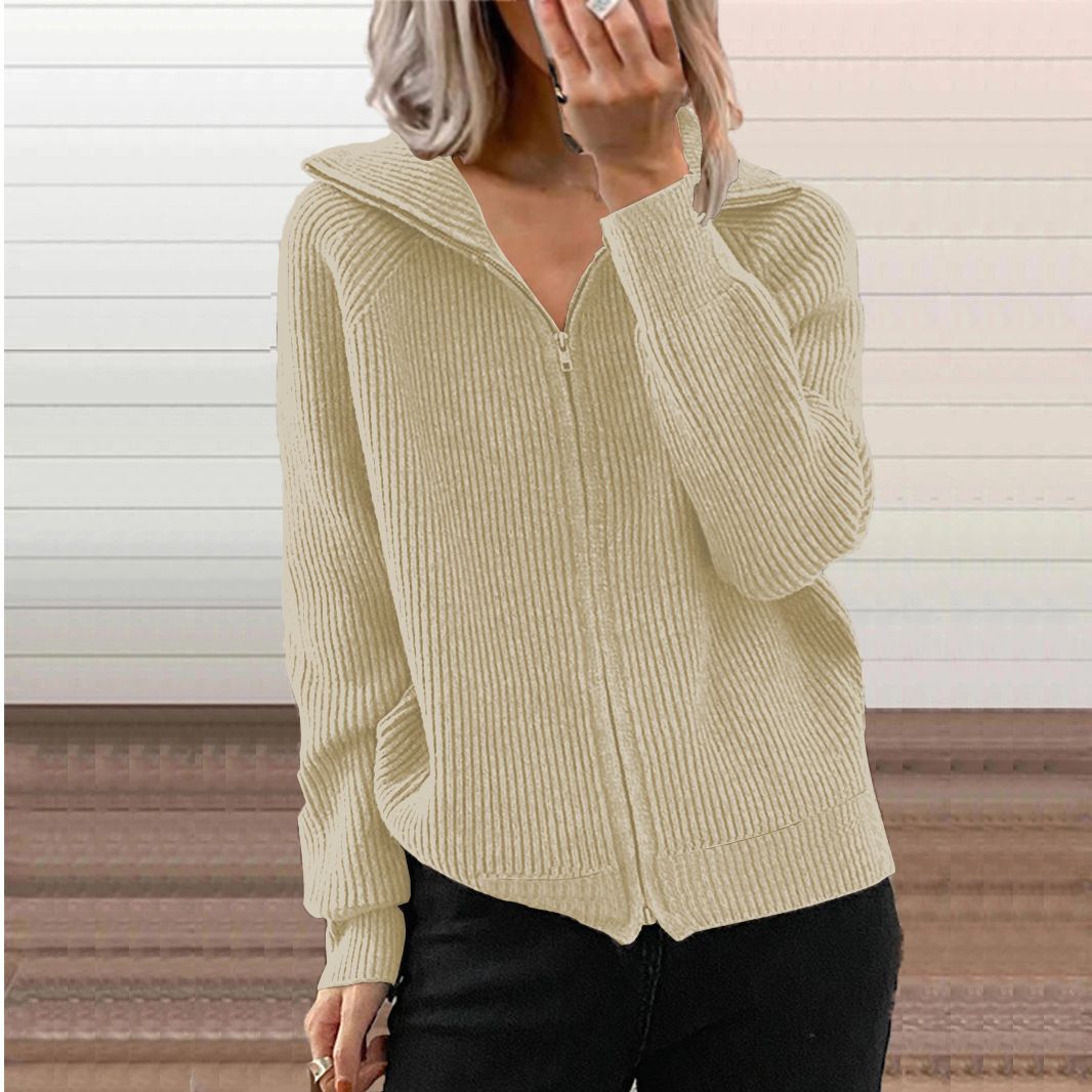 Winter New Striped Casual Jacket, Loose Knitted Sweater, Zipper Cardigan, Long Sleeves, Lapel Sweater, Women