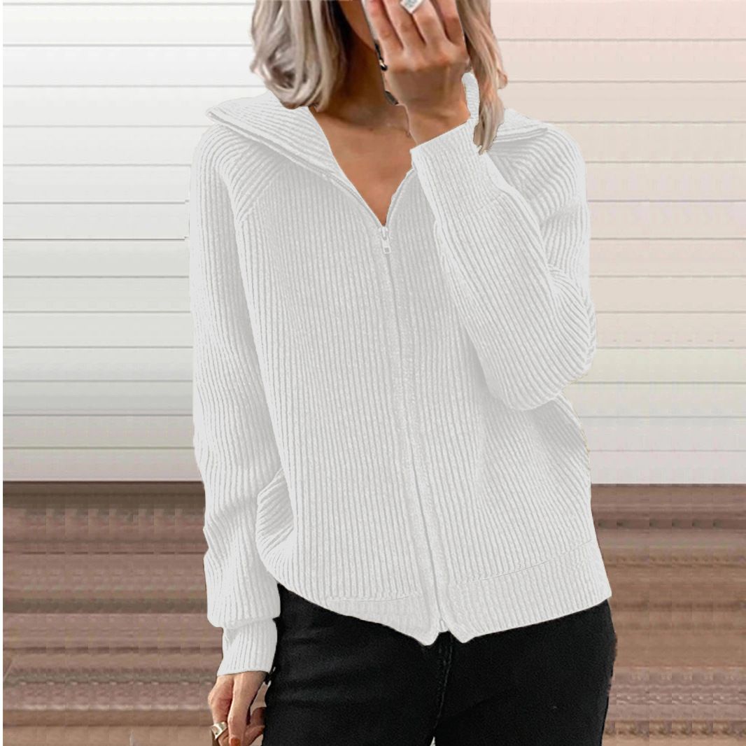 Winter New Striped Casual Jacket, Loose Knitted Sweater, Zipper Cardigan, Long Sleeves, Lapel Sweater, Women