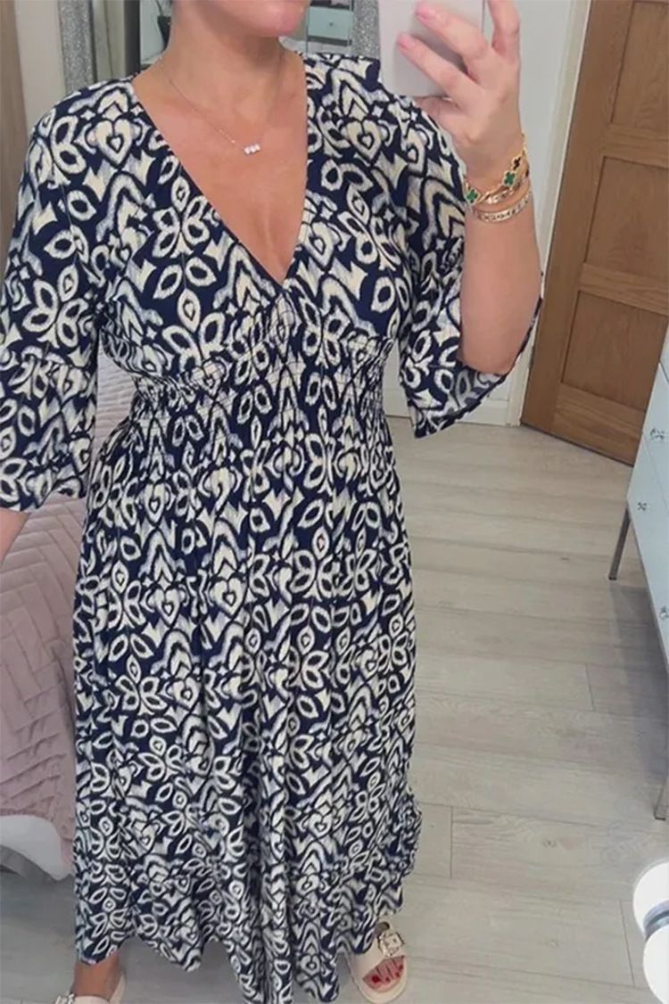 New Plus Size Loose Long Seaside Resort Beach Skirt V-Neck Floral Dress