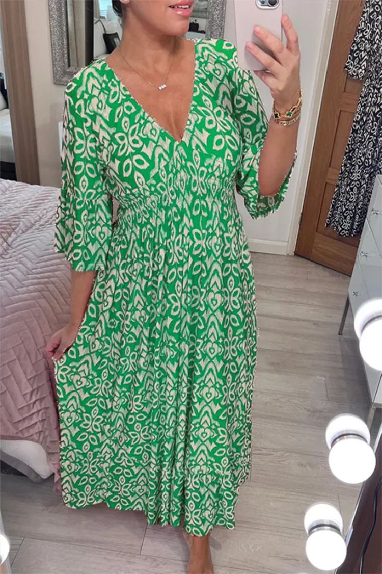 New Plus Size Loose Long Seaside Resort Beach Skirt V-Neck Floral Dress