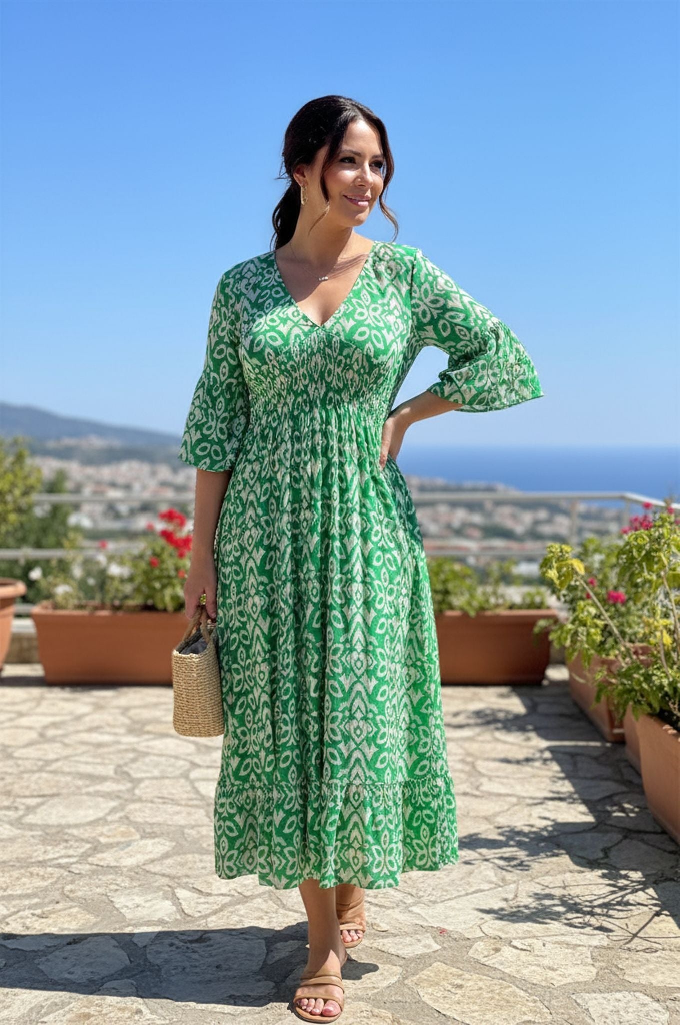 New Plus Size Loose Long Seaside Resort Beach Skirt V-Neck Floral Dress