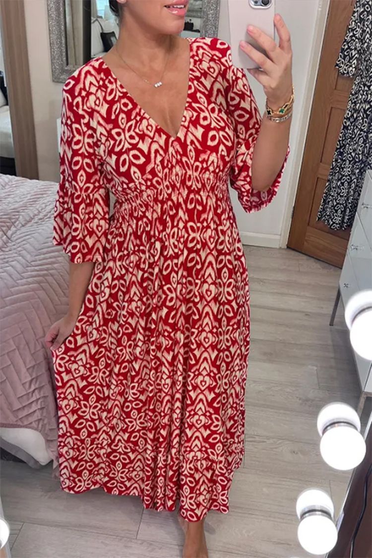 New Plus Size Loose Long Seaside Resort Beach Skirt V-Neck Floral Dress