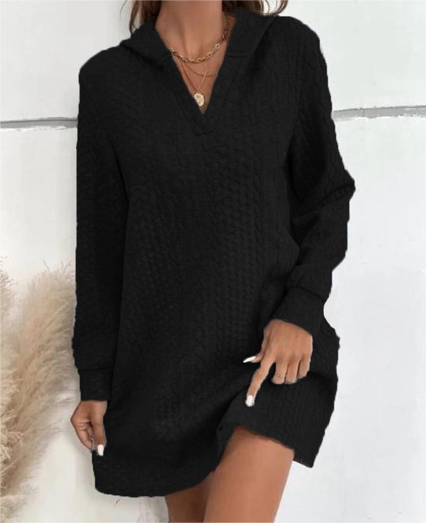 Knitted Jacquard Long-Sleeved Long Hooded Sweatshirt