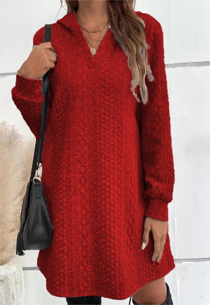 Knitted Jacquard Long-Sleeved Long Hooded Sweatshirt