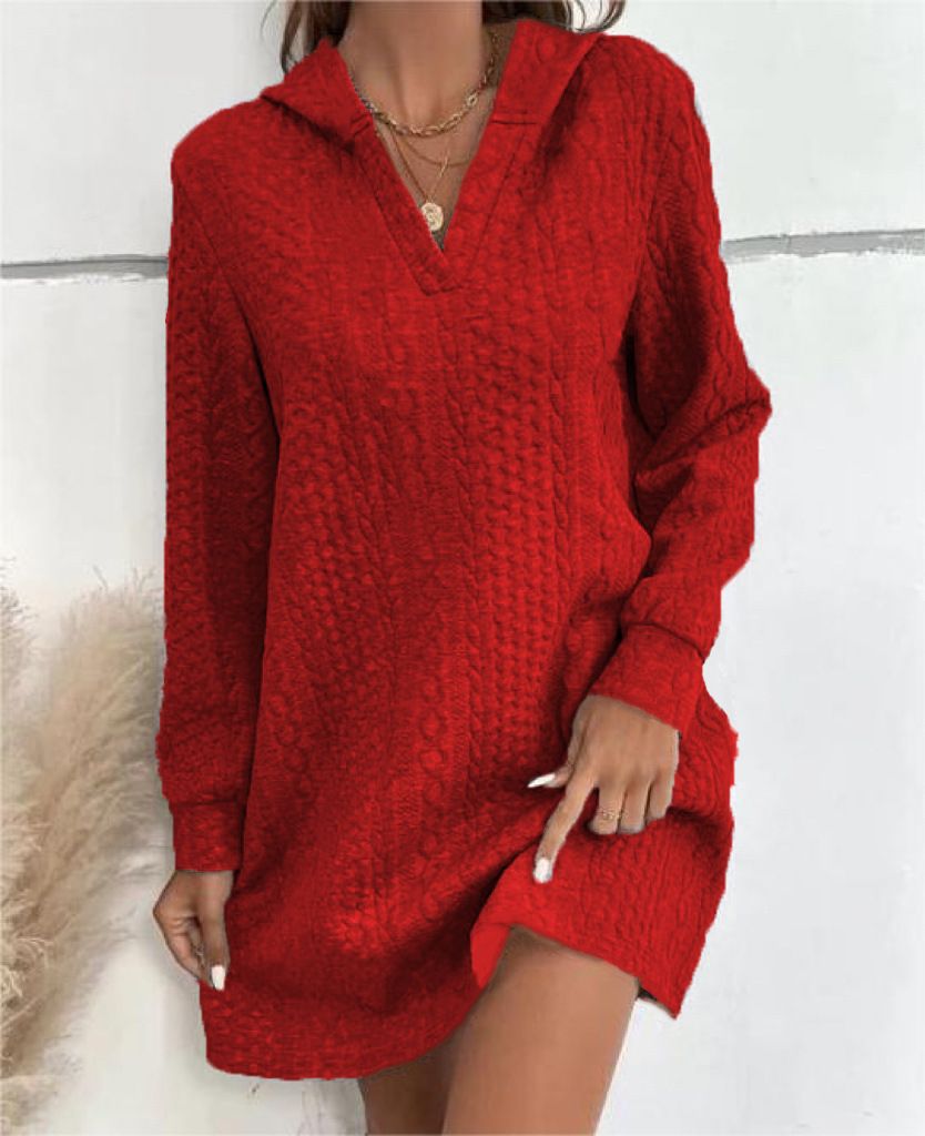 Knitted Jacquard Long-Sleeved Long Hooded Sweatshirt