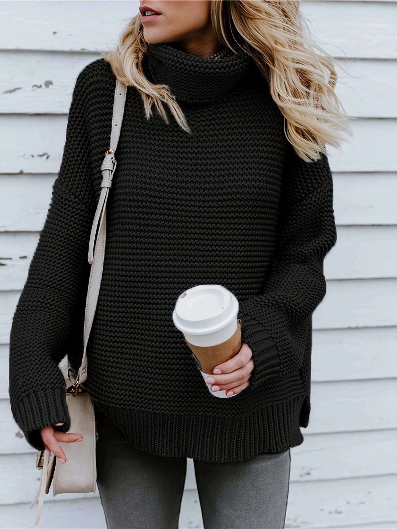 Thick Line Long Sleeve Turtleneck Pullover Sweater For Women