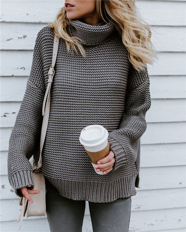 Thick Line Long Sleeve Turtleneck Pullover Sweater For Women
