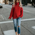 Thick Line Long Sleeve Turtleneck Pullover Sweater For Women