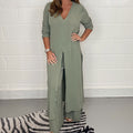 Slit Solid Color Casual Long Top Trouser Suit For Women