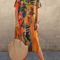 Printed Dress Summer Short Sleeve Tunic Round Neck Loose Beach Long Skirt
