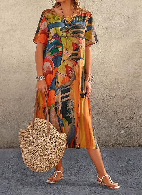 Printed Dress Summer Short Sleeve Tunic Round Neck Loose Beach Long Skirt