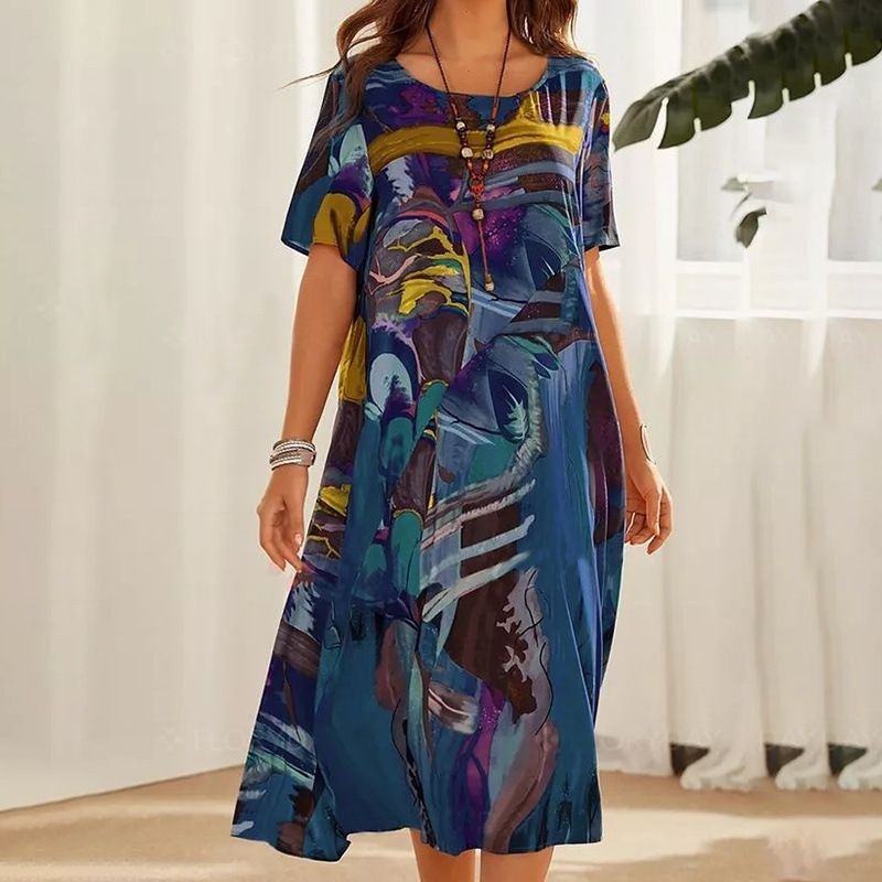Printed Dress Summer Short Sleeve Tunic Round Neck Loose Beach Long Skirt