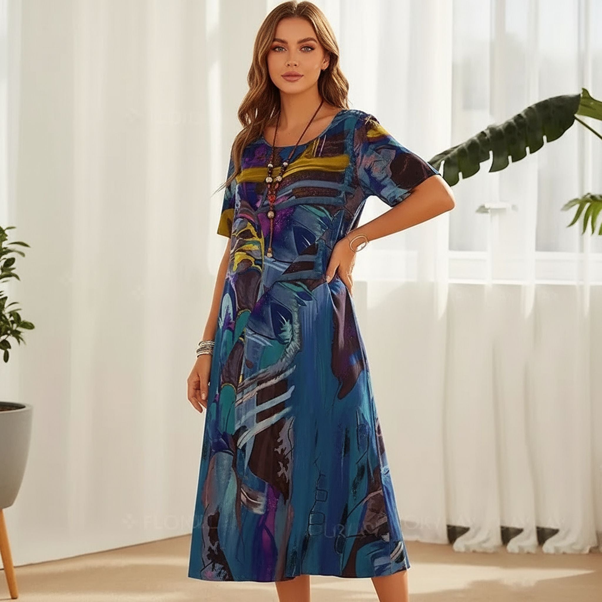 Printed Dress Summer Short Sleeve Tunic Round Neck Loose Beach Long Skirt