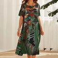 Printed Dress Summer Short Sleeve Tunic Round Neck Loose Beach Long Skirt