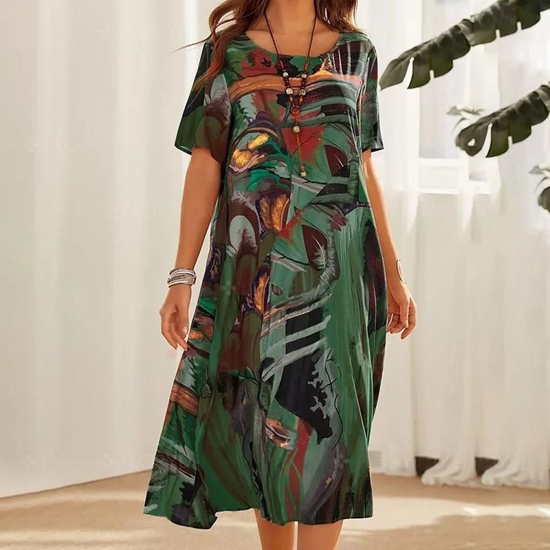 Printed Dress Summer Short Sleeve Tunic Round Neck Loose Beach Long Skirt