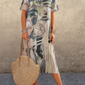 Printed Dress Summer Short Sleeve Tunic Round Neck Loose Beach Long Skirt