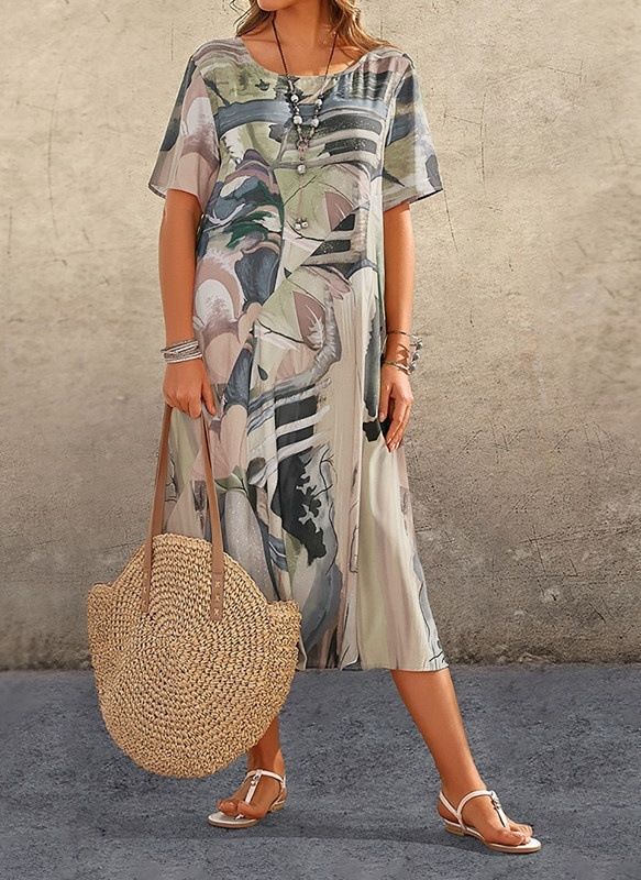 Printed Dress Summer Short Sleeve Tunic Round Neck Loose Beach Long Skirt
