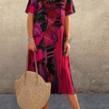 Printed Dress Summer Short Sleeve Tunic Round Neck Loose Beach Long Skirt