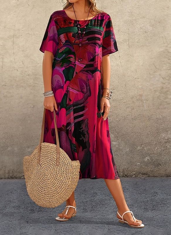 Printed Dress Summer Short Sleeve Tunic Round Neck Loose Beach Long Skirt