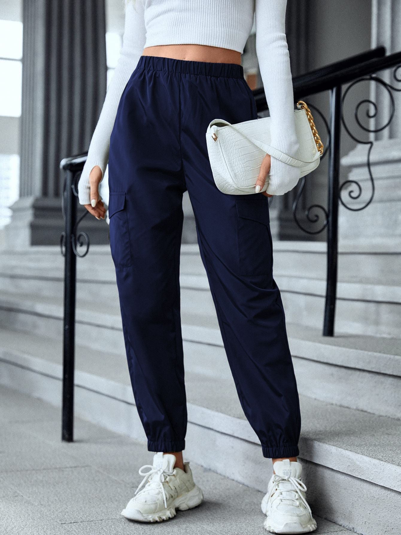 Casual Cargo Pants, Multi-Pocket Small Leg Pants, Women