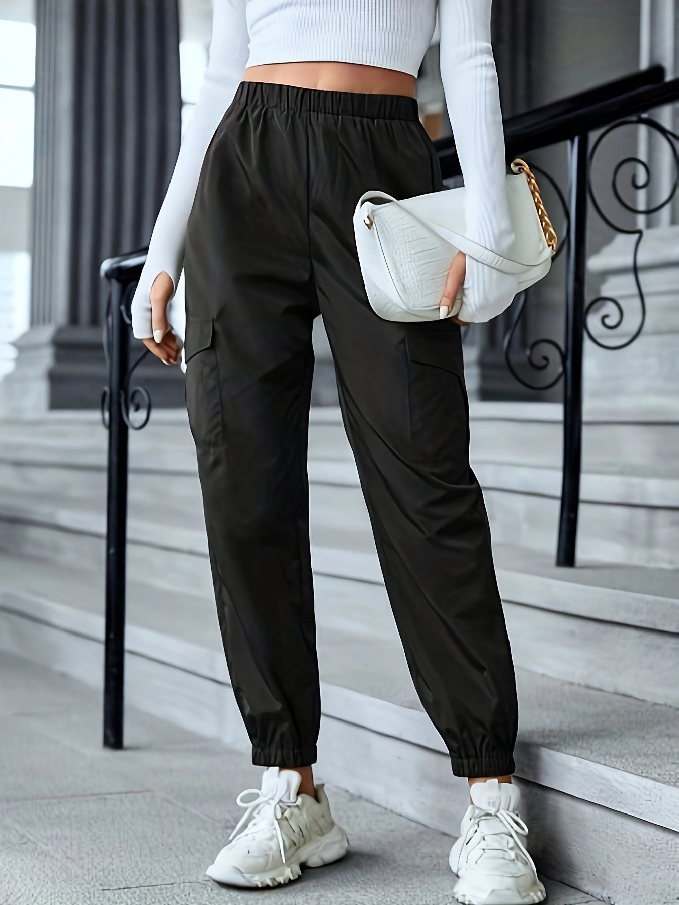 Casual Cargo Pants, Multi-Pocket Small Leg Pants, Women